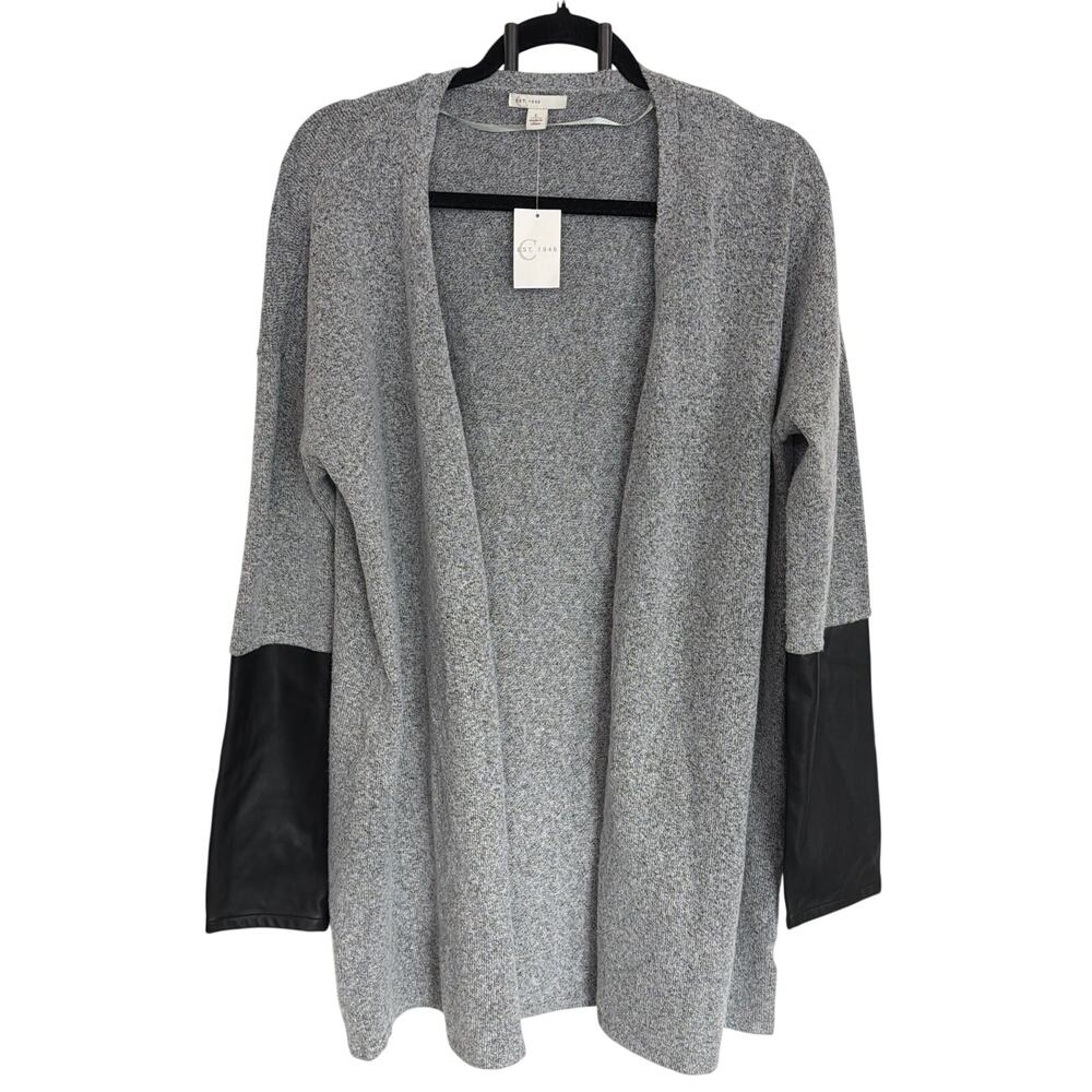 NWT J/JM Sportswear EST 1946 Gray Longline Cardigan Faux Leather Sleeve Size L